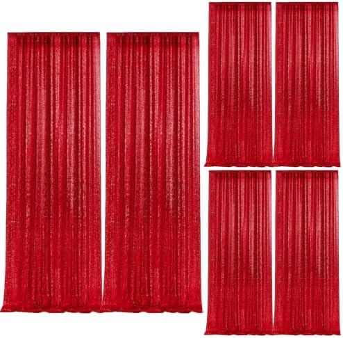 2×8FT-6PCS Red Sequin Backdrop Curtains Panels, Photography Backdrop Glitter Curtains Fabric Background for Christmas Wedding Party Decor by Pufogu