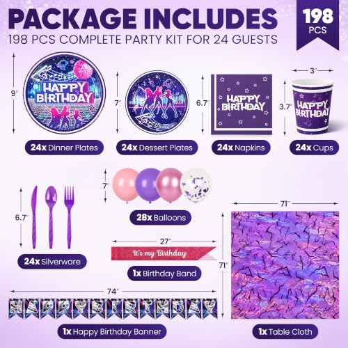 198 Pcs KPop Birthday Party Supplies for Girls – Music Theme Birthday Decorations for 24 Guests | Plates, Dessert Plates, Cups, Napkins, Knives, Forks, Spoons, Balloons, Banner & Tablecloth - Image 4