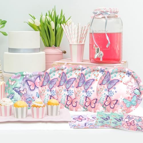 Butterfly Birthday Party Supplies Set - Includes Disposable Plates, Cups, Napkins, Tablecloth, and Banner | Butterfly Party Decorations for Girls Birthday Celebration,Serve 24 - Image 4