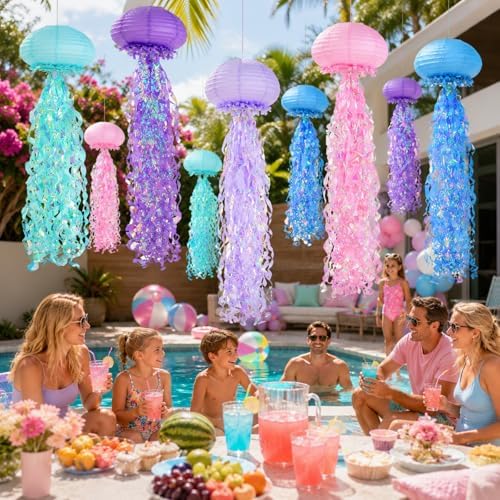 6-Pack Jellyfish Paper Lanterns, Under the Sea Party Decorations - Image 4