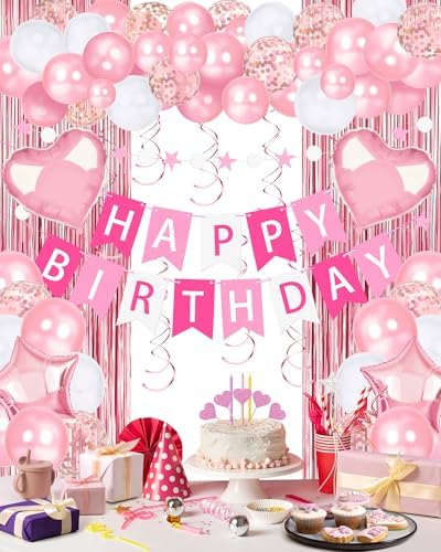 Pink Happy Birthday Party Decorations with Banner Balloons for Women Girls by Lutoys