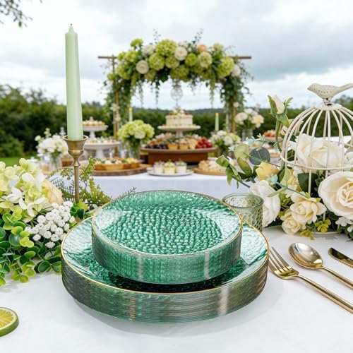 Rubtlamp 60 Green Plastic Plates, Hammered Clear and Gold Disposable Plates, Grenn Disposable Plates Include 30 Dessert Platos, 30 Dinner Platos for Party - Image 6