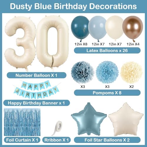 Dusty Blue 30th Birthday Party Decorations Men Beige Number 30 Balloon - Image 4