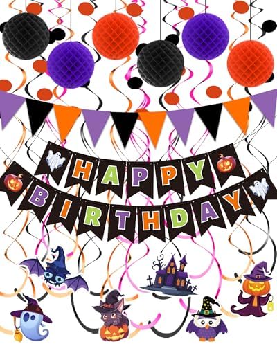 Oomloid Halloween Birthday Party Decorations - Happy Halloween Birthday Banner, Hanging Swirl Streamer, Triangle Flag Bunting for Party Supplies Decorations by Unknown