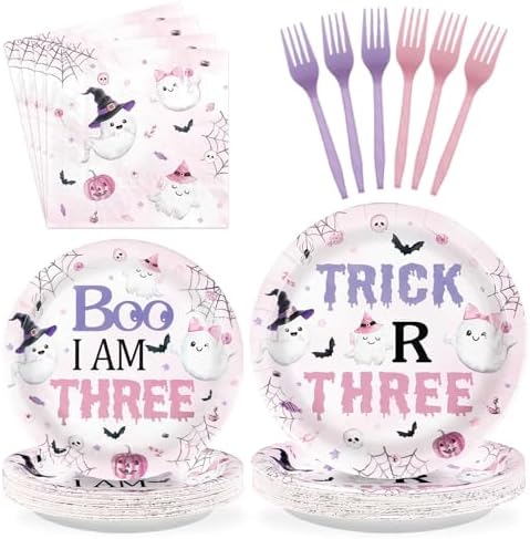 Grencian 96Pcs Trick or Three Halloween 3rd Birthday Decorations for Girls by Grencian