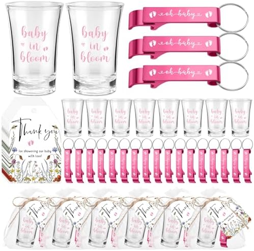 50 Sets Baby Shower Favors Shot Glasses Keychain Gifts, Bloom, Pink by Singhoow