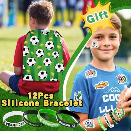 122Pcs Soccer Party Favors Drawstring Bags Including Silicone and Slap bracelets, Keychains, Tattoo Stickers,Mini Ball for Soccer Themed Party Supplies - Image 5