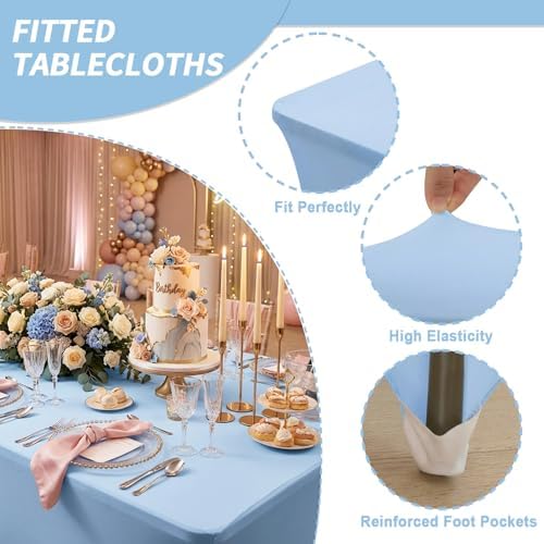 Fixwal 3 Pack 6FT Light Blue Tablecloth Rectangle Spandex Table Cover - Image 4