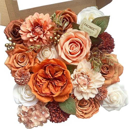 FACINOC Orange Roses Artificial Flowers Fall Fake Flower Bulk for DIY Wedding Bouquet Bridal Baby Shower Centerpiece Table Decorations Faux Floral Arrangements for Party Home Decor Cake Decorating by FACINOC