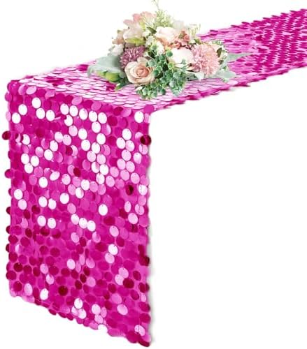 Pufogu 12 x 108 Inch Sequin Table Runner,Fuchsia Glitter Premium Big Sequin Table Runner, Rectangle Table Runners for Halloween, Christmas, Wedding Party, Birthday Party, Banquet Decor (1 Pack). by Pufogu