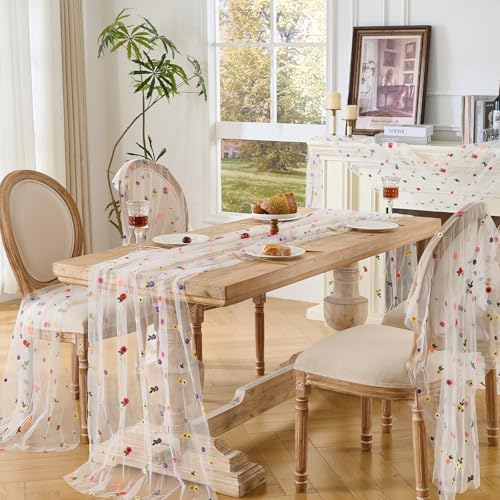 BINBE 1pcs Ivory Daisy Spring Table Runner Embroidery Gauze 10FT Florals Seasonal Tulle Holiday Birthday Kitchen Dining Table Decor for Home Party - Image 6