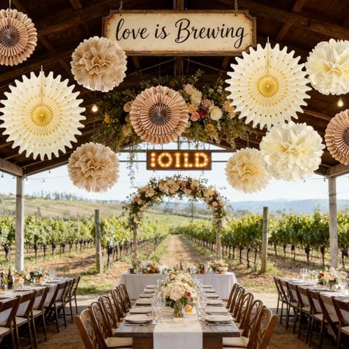 SUNBEAUTY Brown Party Decorations Boho Wedding Party Decor Brown Beige Tissue Pom Poms Paper Fans Hanging Neutral Women Birthday Party Decorations Bridal Shower Baby Shower Rustic Engagement Decor - Image 7