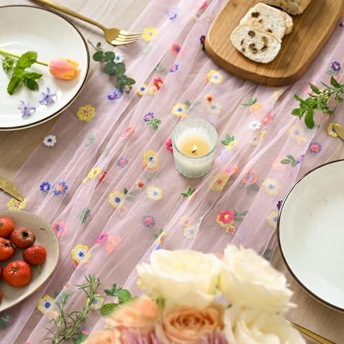 Artoid Mode Light Pink Floral Gauze Embroidery Table Runner 120 Inch 10FT - Image 3