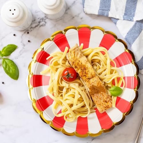 50 Pcs Red Party Paper Plates with Gold Scalloped Edge, Red Disposable 9 inch Scalloped Paper Dessert Plates Party Supplies for Birthday Bridal Shower Picnic, Striped - Image 4