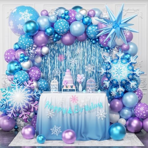 Frozen Balloon Arch Garland Kit 220pcs, Blue Purple White Balloons with Fringe Curtain Snowflake Balloons Birthday Banner for Winter Wonderland Baby Shower Snow Princess Birthday Party Decor by PTGOLUO