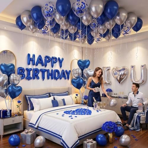 Romantic Birthday Decorations for Him I LOVE YOU & HAPPY BIRTHDAY Foil Balloons & Rose Petals,Blue Silver Special Night Decorations, Husband Anniversary Surprise,Bedroom,Men Boyfriend Hotel Decor - Image 4