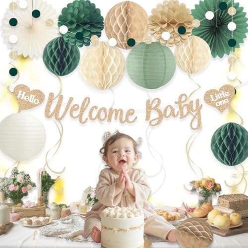 Sage Green Baby Shower Decorations Boy with Welcome Baby Banner - Image 2