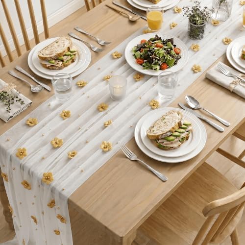Artoid Mode Yellow Flower Pearl White Gauze Table Runner 10FT 3PC, Seasonal Sheer Dining Holiday Wedding Birthday Baby Shower Table Decor for Home Party - Image 5