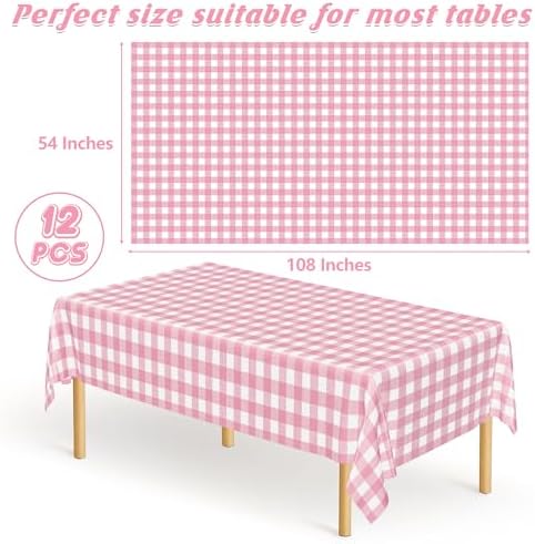 12Pack Table Cloth Rectangle Table, 54" x 108" Plastic Table Cloth Disposable, Waterproof Pink and White Checkered Table Cover for Outdoor Picnic Birthday Party Supplies Gathering BBQ Holiday Dinner - Image 2