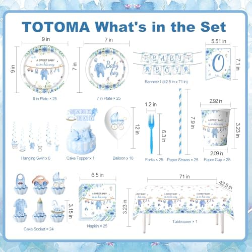 220 Pcs Blue Baby Shower Decorations 25 Guest All-in-One Party Supplies Kit with Disposable Tableware, Balloons, Hanging Swirl, Banner, Cake Toppper, Tablecloth for Baby Shower Decor - Image 2