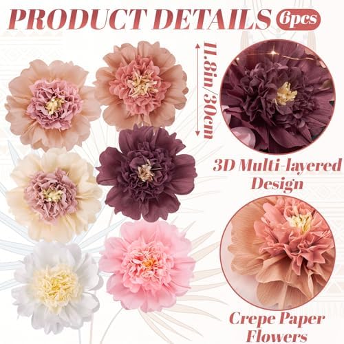 SUNBEAUTY 6 Pcs Large Boho Tissue Paper Flowers 12'' Giant Crepe Paper Flowers Decorations for Birthday Mexican Fiesta Spring Wedding Flower Backdrop Baby Bridal Shower Carnival Party Wall Decor - Image 3