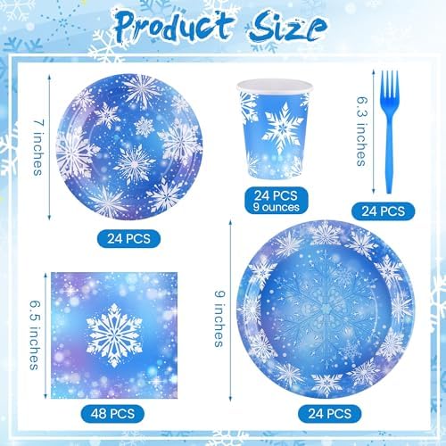 Kochorie 144 Pieces Frozen Party Supplies, Snowflake Tableware Sets Including Disposable Paper Plates Napkins Cups Forks Serves 24 for Winter Christmas Holiday Wonderland Birthday Party Decorations - Image 2