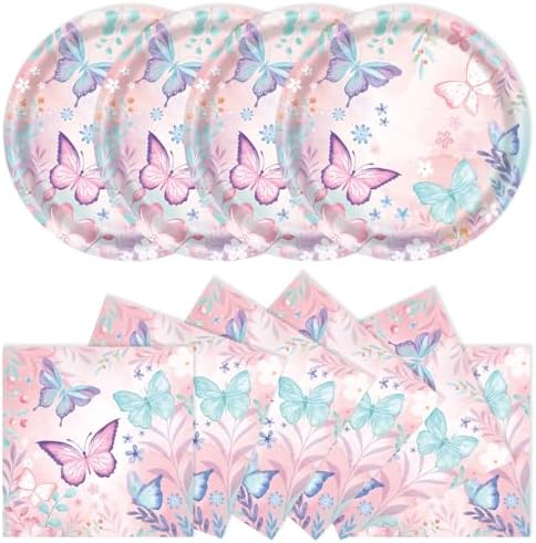 40Pcs Butterfly Plates and Napkins Party Supplies, Disposable Butterfly Birthday Party Paper Plates Napkins Tableware Set for Girl Butterfly Baby Shower Birthday Decorations (Butterfly) by Unknown