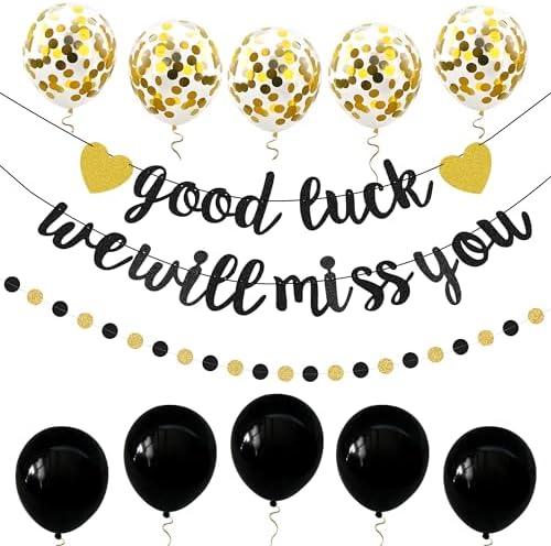 Good Luck We Will Miss You Banner Glitter Black Gold Banner Balloon Garland Decorations Supplies for Retirement Party Goodbye Party Going Away Party Graduation Leaving Away Office Home Farewell Party by PEIQICHU