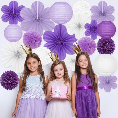 19 Pcs Purple Lilac-Lavender White Party Decorations, Hanging Paper Lanterns, Paper Flowers Fans, Tissue Pom Poms, Floral Backdrop Wall Decor for Birthday Graduation Bridal Shower Wedding Retirement - Image 5