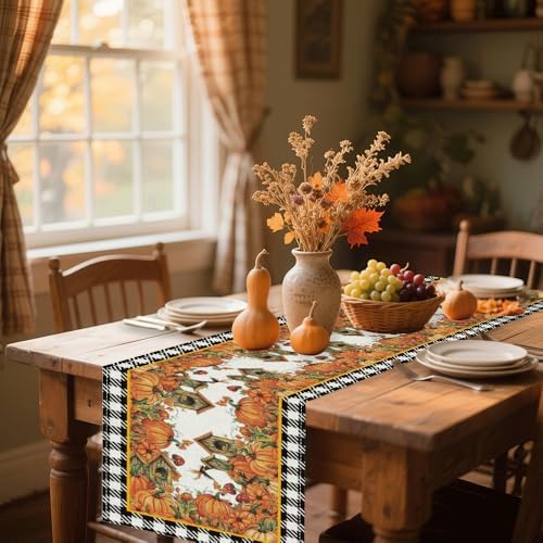 Buffalo Plaid Pumpkin Bow Table Runner 13x72 Inch - Easy-Clean Fall Thanksgiving Decor for Kitchen Dining Home Party - Image 4