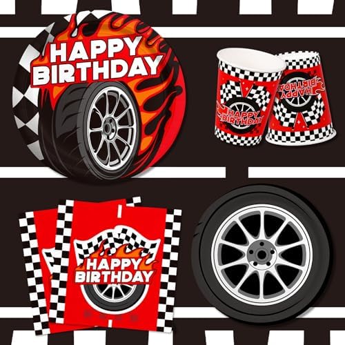 Birthday Decorations Kit: Car Theme Party Supplies for 25 - Includes Dinner & Dessert Plates, Napkins, Cups, Banner and Tablecloth for Boys' Racing Car Birthday Party Decorations - Image 3