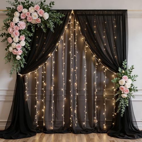 Gallety Black Tulle Backdrop Curtain with String Lights, 10x8ft Sheer Black Backdrop Curtain for Photography, Gothic Wedding, Halloween, Birthday,Graduation, Gala, Cocktail Party Decorations by Creativepartyuniquedecorat