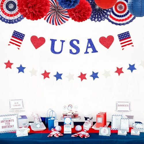 Red-White Blue Memorial-Day Patriotic Decorations - 21pcs 4th Fourth of July Americana Banner Garland,Independence Party Decor Paper Streamers Lanterns,Flower Tissue Pom Poms Fan Supplies Huglony - Image 4