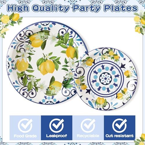 96Pcs Capri Lemon Blue Tiles Yellow Lemon Summer Citrus Fruit Party Plates Supplies Tableware Decorations Disposable Paper Plates Napkins Forks for Kids Birthday Baby Shower, Serves 24 - Image 3