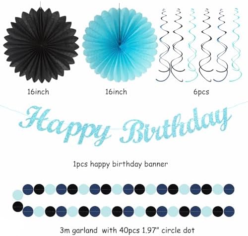 Light-Royal Navy-Blue Black Birthday Party-decorations - 21pcs Boys Men Happy Banner,Paper Streamers Lanterns Honeycomb,Tissue Pom Poms Fan,Adult Supplies Decor 16th 20th 40th 45th 50th 60th Huglony - Image 3