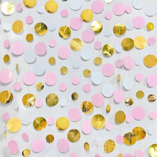 Gold and Pink Party Decorations Circle Dots Garland Metallic Gold Light Pink and White Hanging Polka Dot Streamer for Women Girl Birthday Bridal Shower Wedding Princess Party Supplies - Image 3