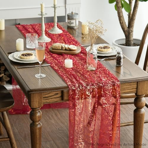Artoid Mode Red Gold Gauze Table Runner 120 Inch 10FT, Glitter Metallic Foil Sheer Dining Wedding Anniversary Holiday Table Decor for Home Party - Image 4