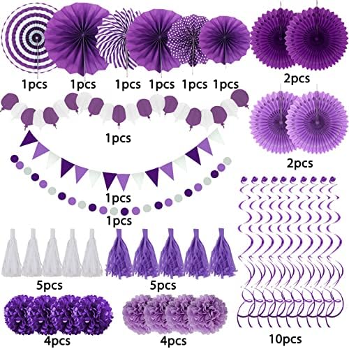 ZERODECO Party Decorations, 41 Pcs Purple Papar Fans Pompoms Garlands String Tissue Paper Tassel for Fiesta Home Bridal Baby Shower Wedding Boy Girl Birthday Party - Image 2