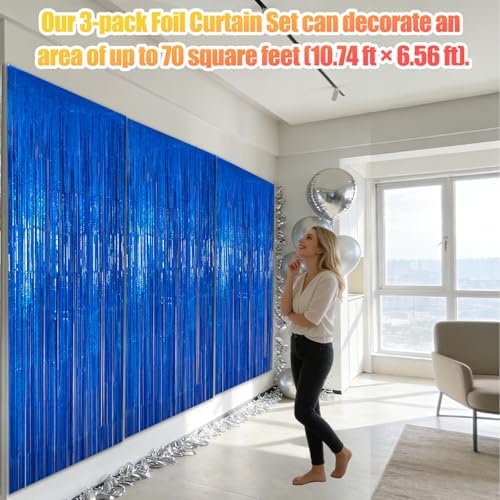 3 Pack 3.28ft x 6.56ft Glitter Blue Tinsel Foil Fringe Curtains, Photo Booth Backdrop Party Decorations for Birthday Wedding Baby Shower Graduation Bachelorette New Years - Image 3