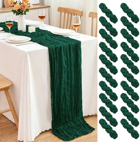 20 Pack Dark Green Cheesecloth Table Runner, 17x108 Inch Semi Sheer Boho Gauze Cheese Cloth Fabric Table Runners for Wedding Party Baby Shower Birthday Garden Farmhouse Table Decor by Yemosa