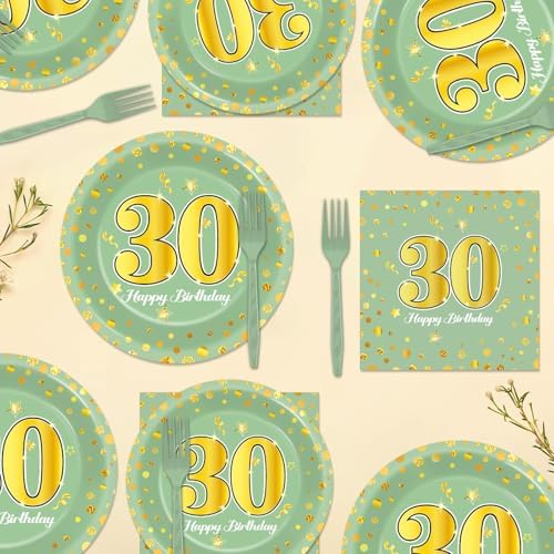 96Pcs Green Gold 30th Birthday Party Plates and Napkins for Women Men Sage Green 30 Year Old Birthday Party Supplies Themed Paper Dessert Plates Tableware Set for 24 Guests Party Decorations - Image 5