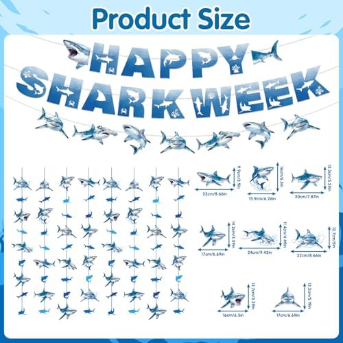 Happy Shark Week Decorations, 15PCS Shark Birthday Party Banners with Hanging Swirls Decorations, Ocean Nautical Fish Hanging Garland Banners Decor - Image 2