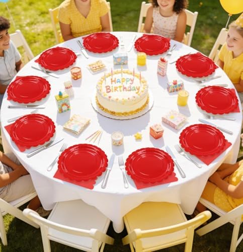 HEIPINIUYE 50 Pcs Red Paper Plates and Napkins Party Supplies Include 7'' Red Scalloped Plates and 6.5'' Paper Napkins Disposable Tableware Set for Dinner Wedding Birthday Party (Serves 25) - Image 5