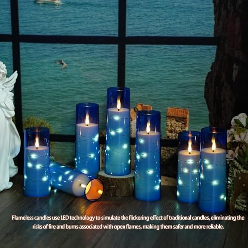Nimiko Flickering Flameless LED Candles,Battery Operated Candles 9 Pcs with Embedded Star String,Acrylic LED Pillar Candles with Remote,Suitable for Home Decoration to Create an Atmosphere (Blue) - Image 5