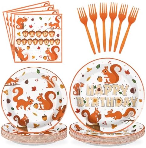 96Pcs Fall Squirrel Party Decorations Animal Woodland Plate, Serves 24 by Grencian