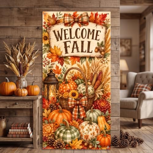 Welcome Fall Door Banner 35×71 Inch Autumn Harvest Porch Hanging Flag Vintage Pumpkin Maple Leaf Harvest Door Cover Decor for Rustic Farmhouse Yard Wall Thanksgiving Outdoor Indoor Decoration - Image 5