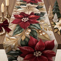 Christmas Decorations - Elegant Red White Poinsettia Gold Leaf Table Runner by OHOME
