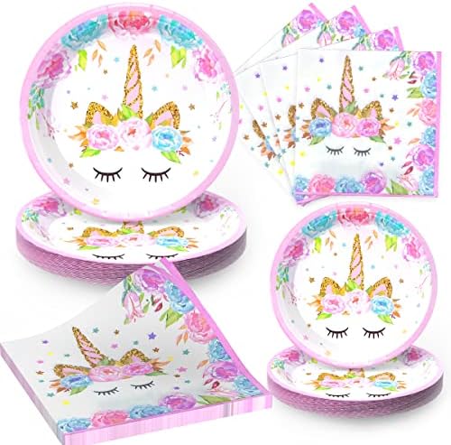 Unicorn Birthday Plates Napkins for Birthday Party, Unicorn Party Decorations for Girls, 96 Pcs Magical Party Supplies by STKYGOOD
