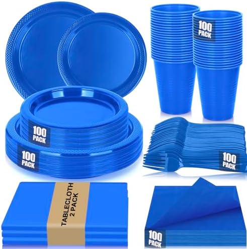 100 Guests Blue Plastic Plates and Napkins Party Supplies for Birthday by UseOnceDoneRight