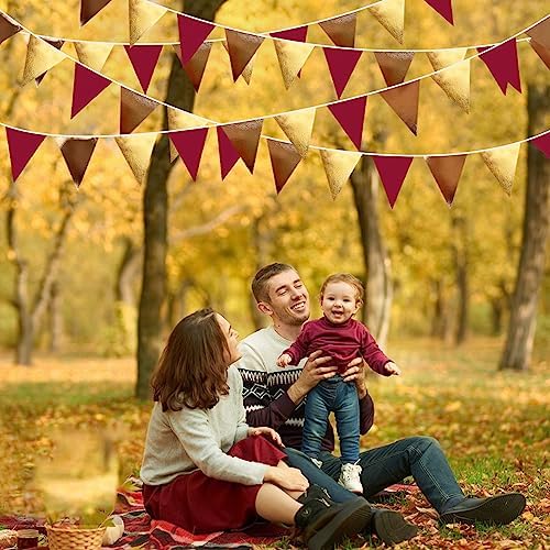 Fall Party Decorations Maroon Gold Brown Metallic Fabric Triangle Pennant Banner Burgundy Flag Bunting Garland for Autumn Thanksgiving Wedding Birthday Bridal Shower Engagement Graduation Garnet Party - Image 4